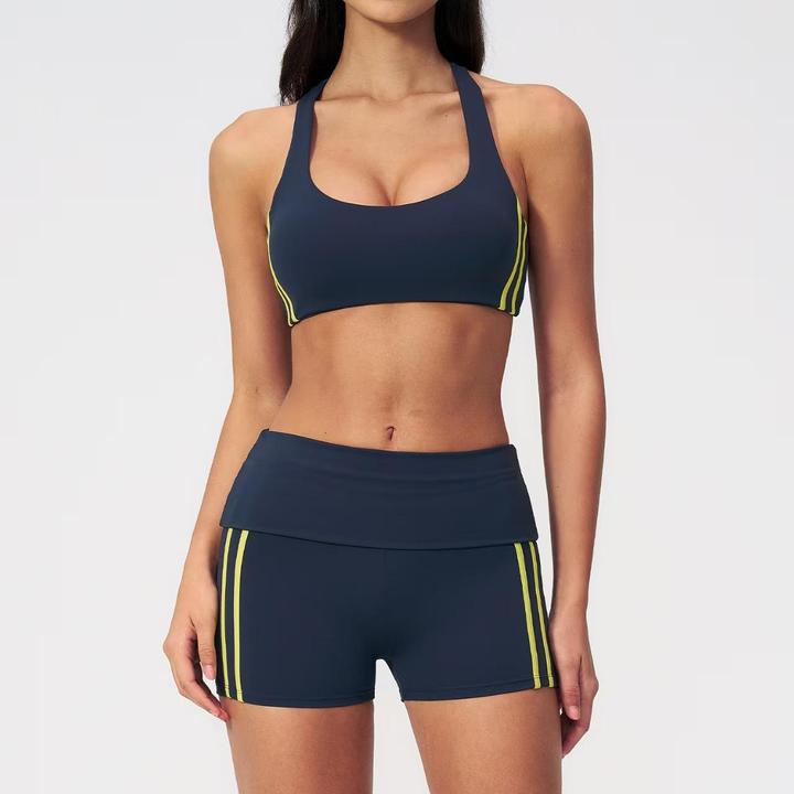 JY Summer New Arrival Women's 2-Piece Color Block Yoga Set, High Support Halter Racerback Sports Bra & Butt Lifting Biker Shorts