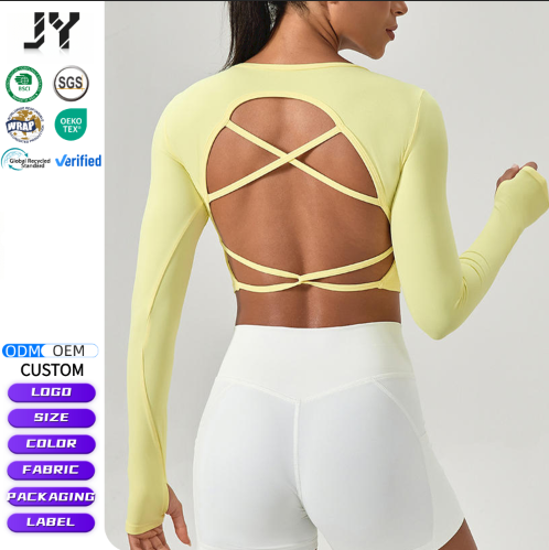 JY Quick-Dry Breathable Yoga Shirts for Plus Size S-XXL Front Chest Pads Hollow Sports Crop Top for Workout Running Fitness Wear