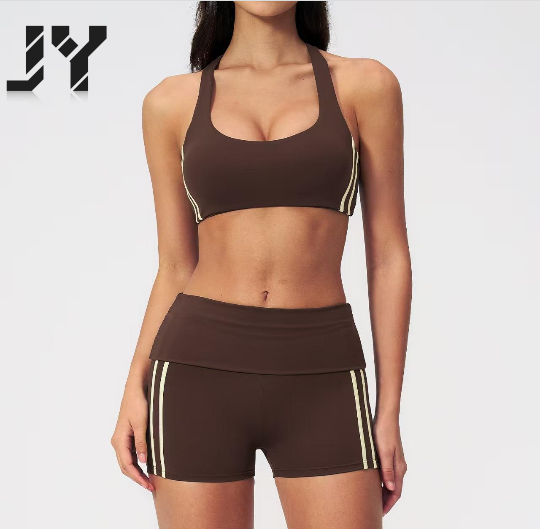 JY Summer New Arrival Women's 2-Piece Color Block Yoga Set, High Support Halter Racerback Sports Bra & Butt Lifting Biker Shorts