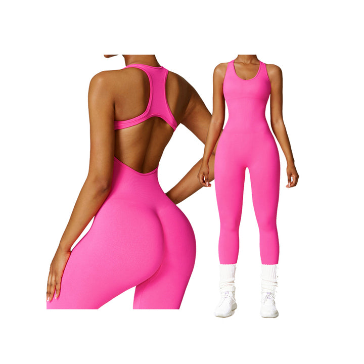 Women's Solid Color Four-Way Stretch Breathable Quick Dry Spandex/Polyester Racerback Crew Neck Yoga Fitness Jumpsuit Bodysuit