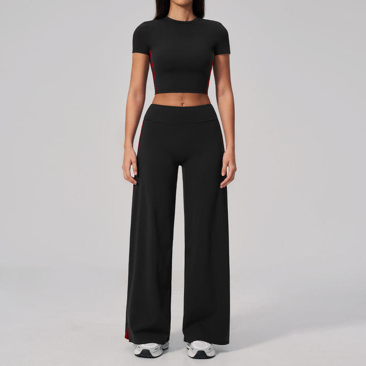 Wholesale Women's High-Waisted Flared Athletic Pants, High-Quality Short-Sleeve Fitness Top Sets, New Gym and Yoga Sets