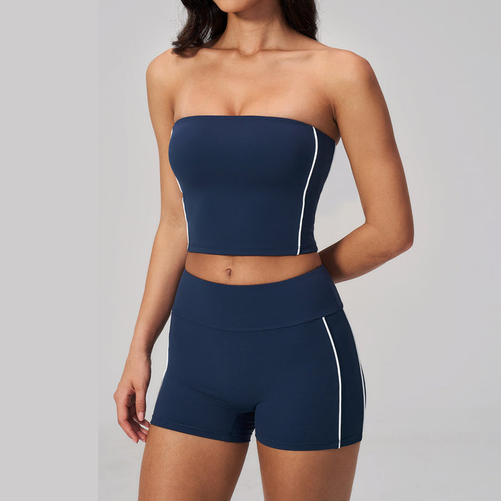 Joyyoung Women's Tube Top High Waist Shorts Elastic Waist Gym Fitness Sportswear Active Wear Set for Yoga Fitness & Sports