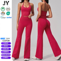 JY New Arrival Custom Logo Women's Seamless Ribbed Yoga Set Halter Backless High Waist Hip Lifting Wide Leg Pants Sport Outfit