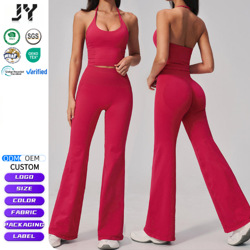JY New Arrival Custom Logo Women's Seamless Ribbed Yoga Set Halter Backless High Waist Hip Lifting Wide Leg Pants Sport Outfit
