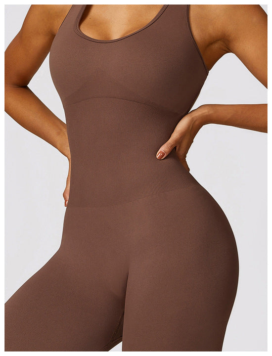 Women's Solid Color Four-Way Stretch Breathable Quick Dry Spandex/Polyester Racerback Crew Neck Yoga Fitness Jumpsuit Bodysuit