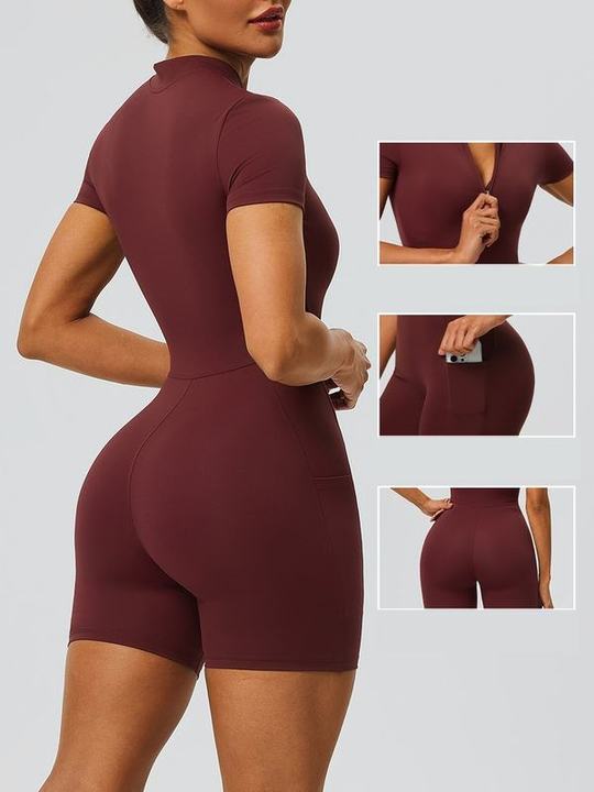 JY 2026 New Summer Yoga Jumpsuit for Women Half Zip Short Sleeve One Piece Workout Romper Side Pocket Stretchy Athletic Bodysuit