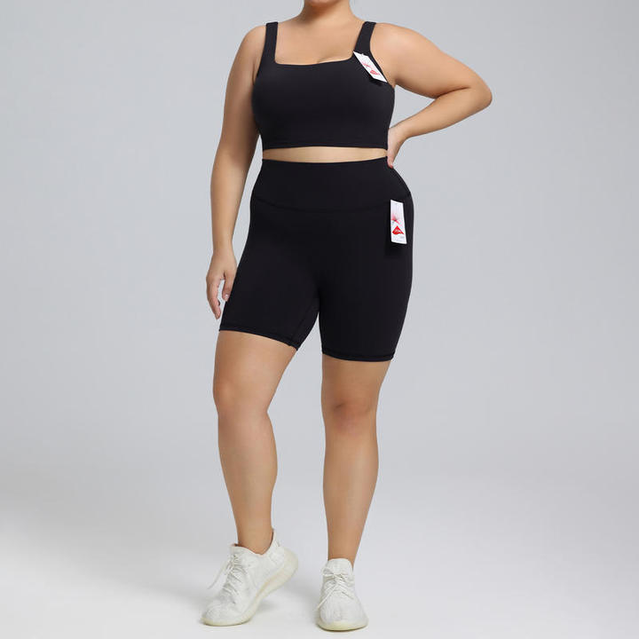 JY Women's Plus Size Sports Suit Square Neck Sports Bra High Waisted Yoga Shorts 2 Pieces Workout Outfits Active Gym Fitness Set