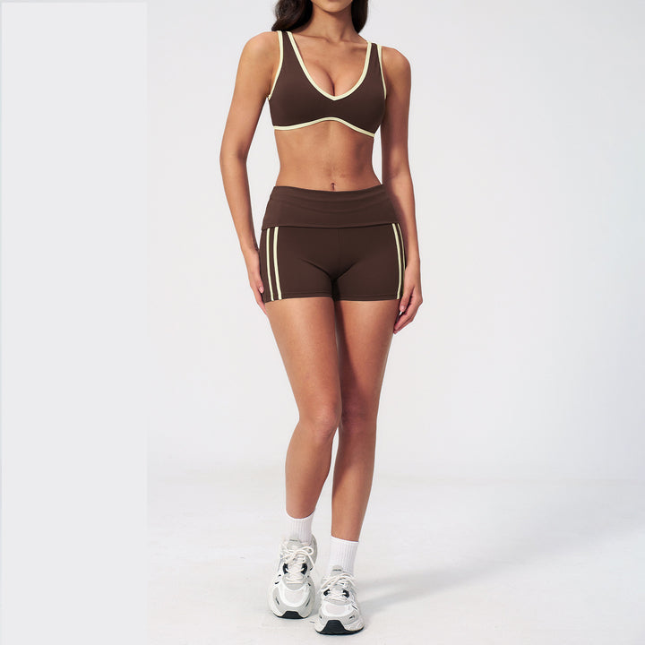Joyyoung Custom New Spandex Plunge Neckline Removable Padding Contrasting Stripes U Back Backless Yoga Gym Sports Bra Yoga Set