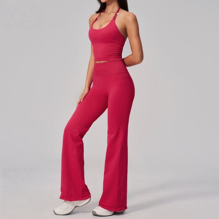 JY New Arrival Custom Logo Women's Seamless Ribbed Yoga Set Halter Backless High Waist Hip Lifting Wide Leg Pants Sport Outfit