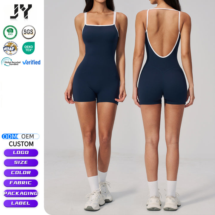 Hot Sales Women's Colorblock Strappy Jumpsuit Backless Bodysuit Fitness Tummy Control Yoga Workout Romper Breathable Sportswear