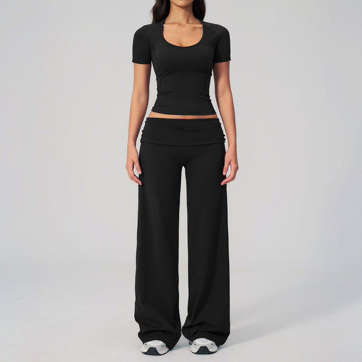 Joyyoung Women's Sportswear Outdoor Brushed Short Sleeves High Waist Tight Gym T-shirt Track Pants Workout Sets for Women