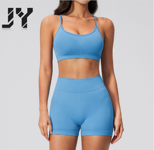 JY New Color Women Yoga Set 2 Piece Seamless Scrunch Shorts with Cross Back Sports Bra High Waisted Gym Workout Athletic Sets