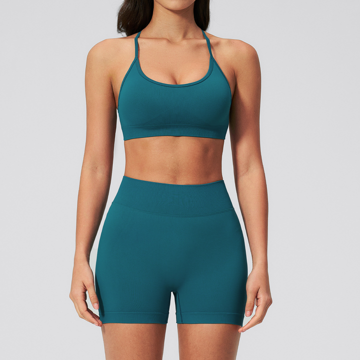 JY New Color Women Yoga Set 2 Piece Seamless Scrunch Shorts with Cross Back Sports Bra High Waisted Gym Workout Athletic Sets