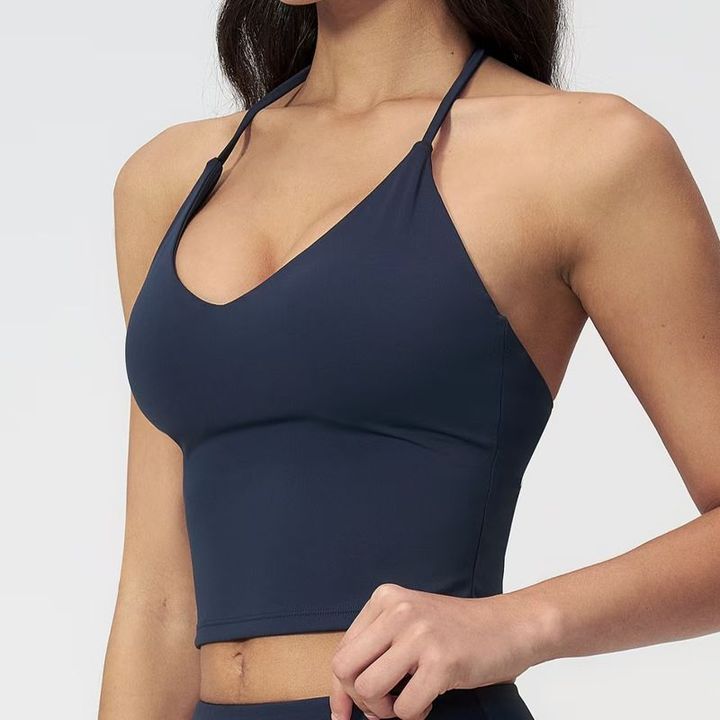 JY 2026 High Quality Women's Halter V-Neck Yoga Tank Top Longline Sports Bra with Built-in Pads Slim Fit Design Casual Workout