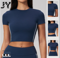 JY 2026 High Quality Contrast Color Women's Yoga Summer T-shirt Tight Short Sleeved Fitness Top Casual Outdoor Running for Sport