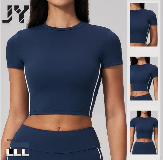 JY 2026 High Quality Contrast Color Women's Yoga Summer T-shirt Tight Short Sleeved Fitness Top Casual Outdoor Running for Sport
