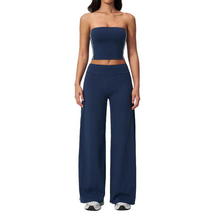 JY Brushed Spandex/Nylon 2-Piece Strapless Yoga Suit Set Chest Pad Quick Dry Breathable Off-the-Shoulder High-Waisted Plus Size
