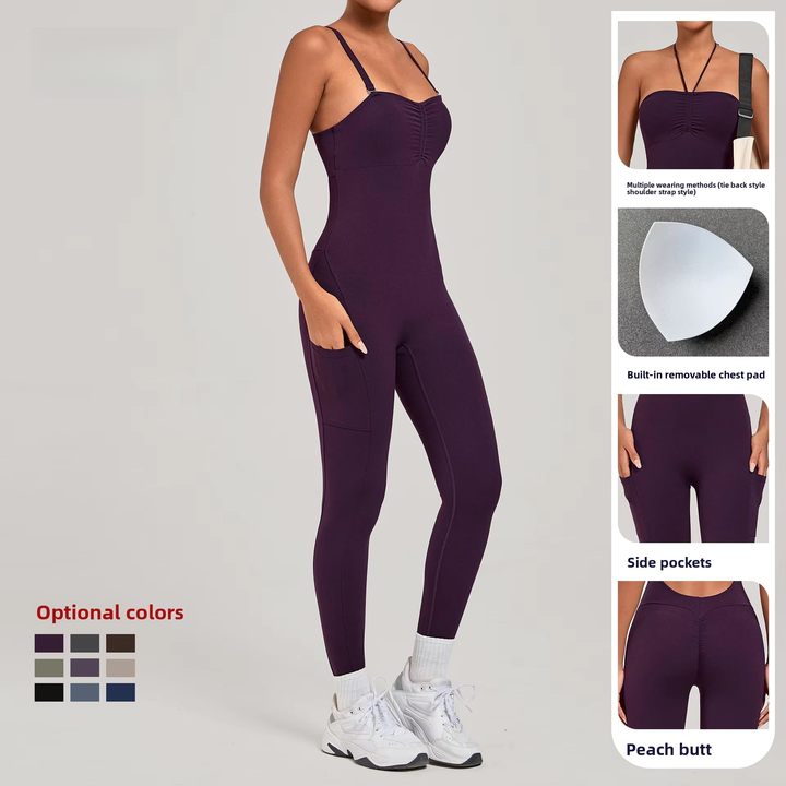 JY Athletic Yoga One Piece Sport Bodysuit Women Tummy Control Running Fitness Jumpsuit with Pockets Scrunch Butt Gym Wear