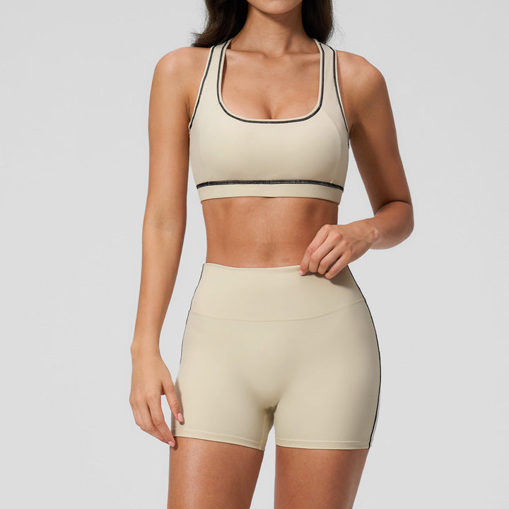 Joyyoung Soft Stretchy Yoga Set Piping Trim Women's 2 Piece Fitness Suit Aesthetic Contouring Racerback Bra and Biker Short Set