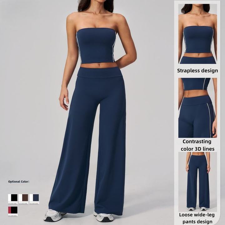 JY Brushed Spandex/Nylon 2-Piece Strapless Yoga Suit Set Chest Pad Quick Dry Breathable Off-the-Shoulder High-Waisted Plus Size