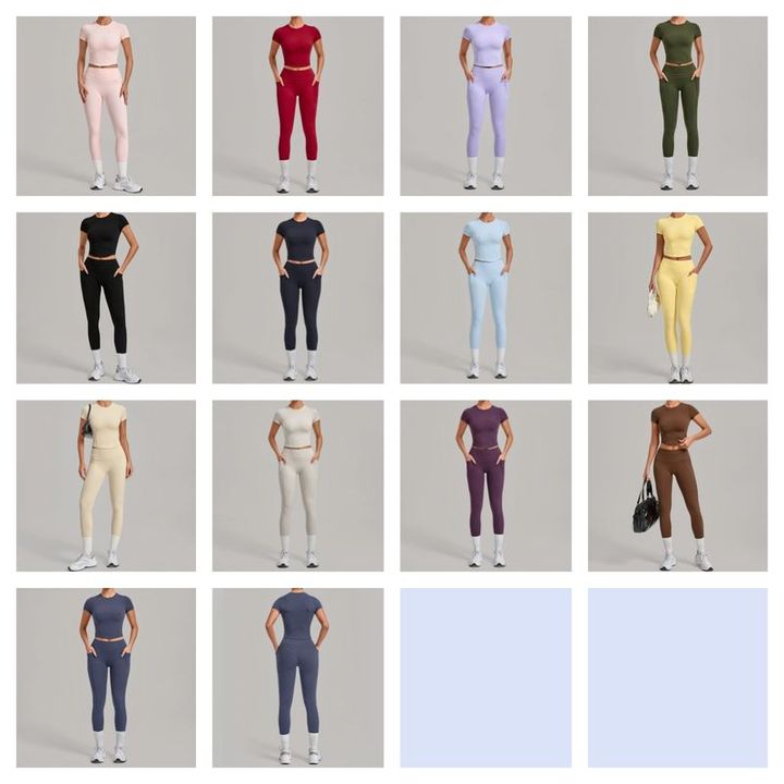 JY Custom Logo Breathable Quick Dry Yoga Sports Sets Elasticity Short Sleeve High Waist Butt Lift Pockets Tight Leggings Pants