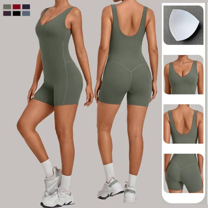 JY Naked Feeling Women's Crew Neck Backless Yoga Jumpsuit Built-in Bra 1 Piece Tight Bodysuit Sleeveless Running Fitness Romper