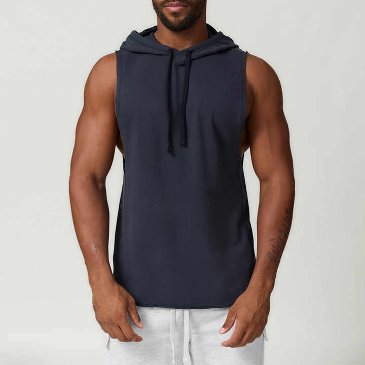 JY 2024 New Casual Hooded Solid Color Washer Sports Leisure Fitness Sleeveless Hoodie for Men