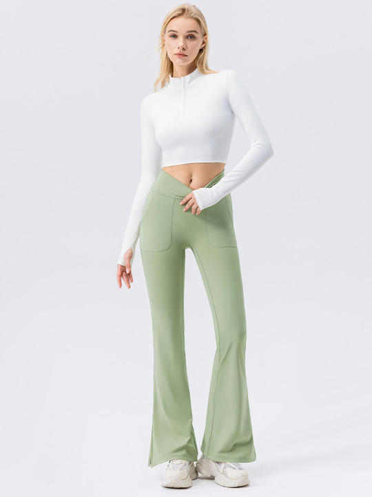 JY 2026 Custom Logo Breathable Nude V Shape Butt Lift Side Slit Flare Leg Pants Yoga Dancing Fitness Flared Pants With Pocket