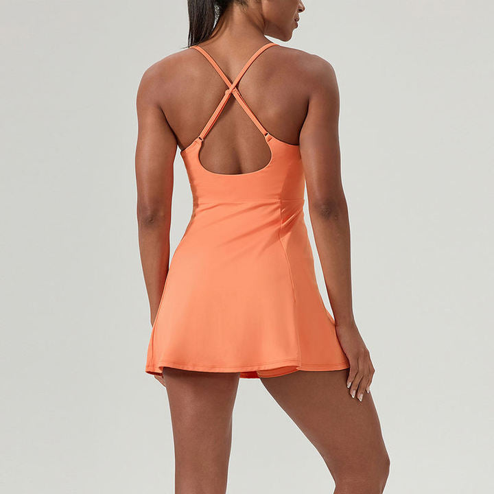 JY Brushed Breathable Athletic Dress Women U-Neck Crisscross Back Design Removable Padding Workout Tennis Dress No Inner Shorts