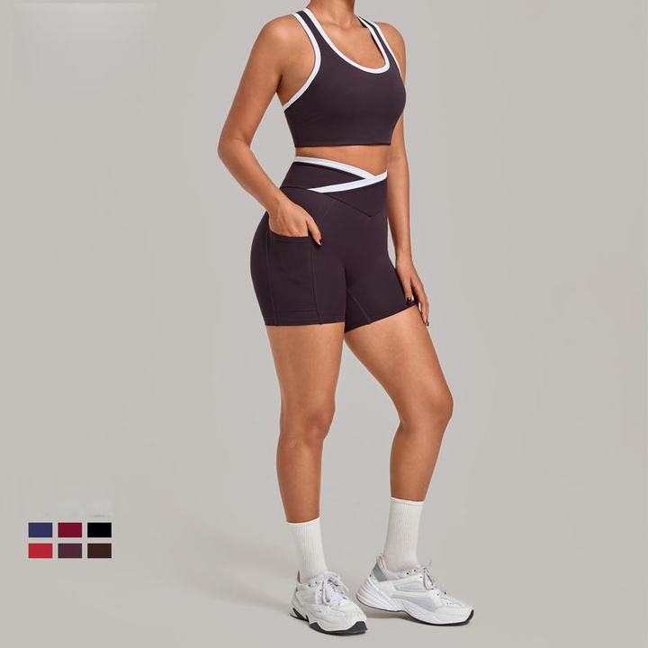 JY Custom Logo V-shape High Waist Gym Clothing Workout Yoga Suit Shorts Fitness Women Training Singlets Exercise Sportswear Set