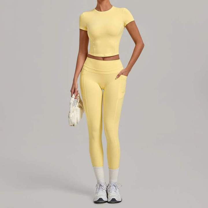 JY Custom Logo Breathable Quick Dry Yoga Sports Sets Elasticity Short Sleeve High Waist Butt Lift Pockets Tight Leggings Pants
