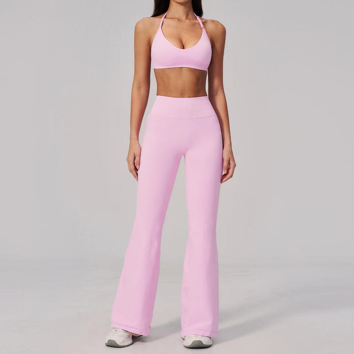 JY Custom Logo Women's Seamless Halter Sports Bra Backless Quick Dry Hip Lifting Wide Leg Pants Outdoor Yoga Fitness Tracksuit