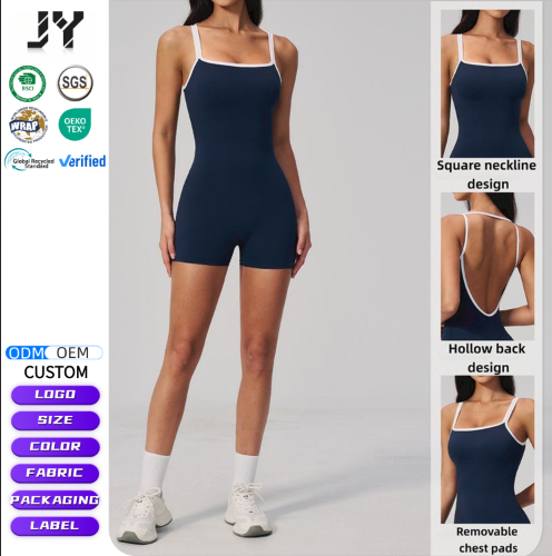 JY 2026 New Yoga Jumpsuit Backless Yoga Romper Women Square Neck Spaghetti Strap One Piece Shorts Jumpsuit With Removable Pads