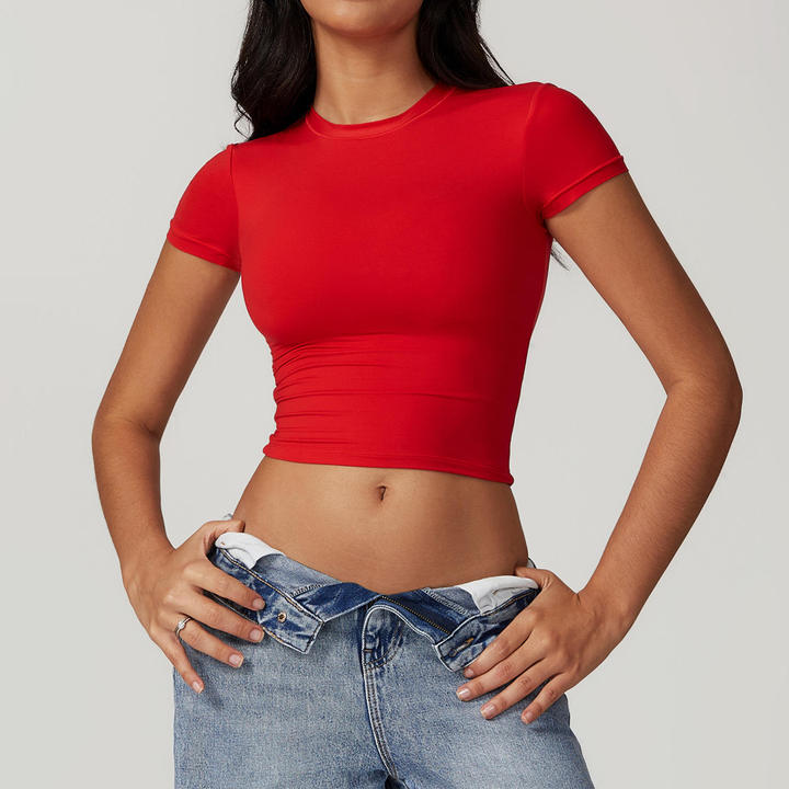 JY Slim Fit Short Sleeve Crop Top Women Crew Neck Tight Yoga Shirt Buttery Soft Baby Tee Gym Workout Fitness Athletic Basic Top