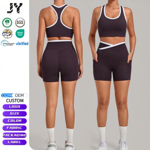 JY Custom Logo V-shape High Waist Gym Clothing Workout Yoga Suit Shorts Fitness Women Training Singlets Exercise Sportswear Set