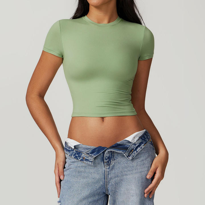 JY Slim Fit Short Sleeve Crop Top Women Crew Neck Tight Yoga Shirt Buttery Soft Baby Tee Gym Workout Fitness Athletic Basic Top