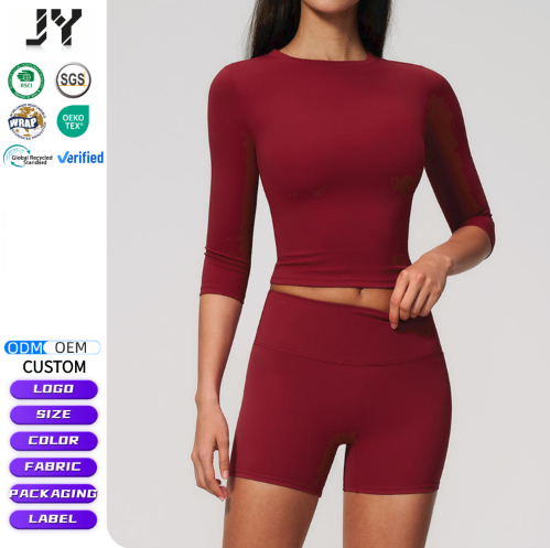 JY New Arrival High Quality Customized Short Sleeved Slim Top High Waist Tight Fitness Sport Shorts 2 Pieces Yoga Sets for Women
