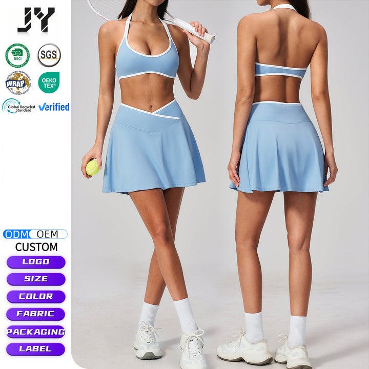 Joyyoung High Quality Pilates Color-Block Tennis Skirt Set Fitness Sports Clothing Halterneck Backless Active Wear Yoga Set