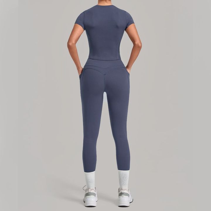 JY Custom Logo Breathable Quick Dry Yoga Sports Sets Elasticity Short Sleeve High Waist Butt Lift Pockets Tight Leggings Pants