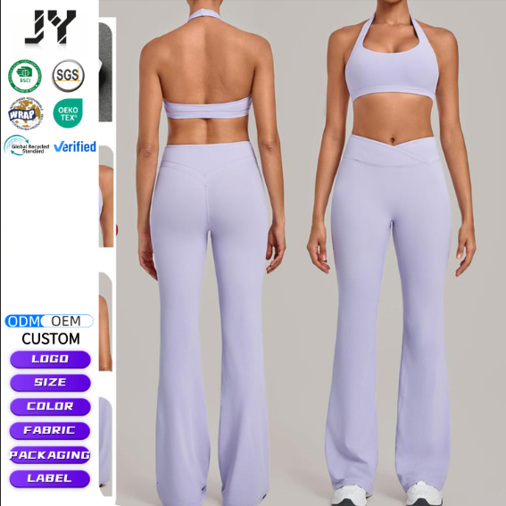 JY Custom Logo Women's Sets 2 Piece Set Sport Bra Top and Flared Pants Active Wear Workout Clothes Gym Fitness Clothing Yoga Set