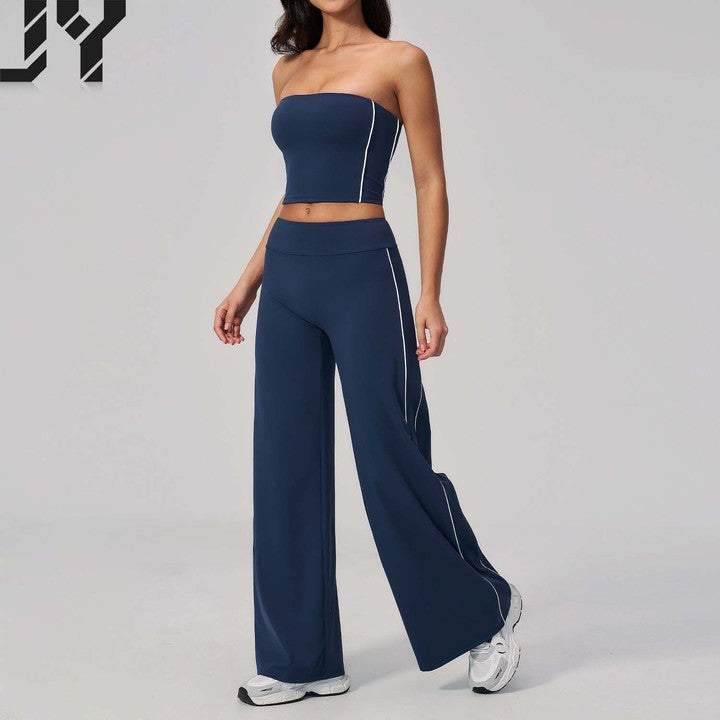 Hot-Selling Strapless Bandeau Top and High-Waisted Wide-Leg Pants Yoga Set: Back-Flaunting, Stylish, and Fitness-Friendly