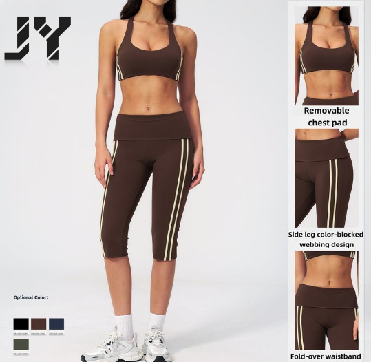 JY New Arrival Slimming Fashionable 2-Piece Back Yoga Set Quick-Dry Spandex/Polyester Color Blocking Striped Design Knee-Length