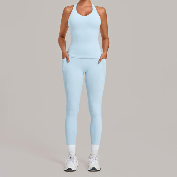 JY Summer Breathable Tight I-shaped Sports Gym tank Tops Workout Leggings with Pockets Sets Running Yoga Fitness Two-piece Set