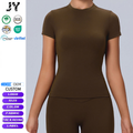 JY Eco-Friendly Breathable Four-Way Stretch Recyclable Workout Shirts Women Quick Dry Slim Fit Gym Crop Tops Short Sleeve Front