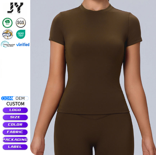 JY Eco-Friendly Breathable Four-Way Stretch Recyclable Workout Shirts Women Quick Dry Slim Fit Gym Crop Tops Short Sleeve Front