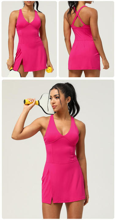 JY Custom LOGO Women Running Fitness Tennis Sexy V Neck Mini Dress Women Quick Drying Slit Female 2 in Sports Yoga Tennis Dress