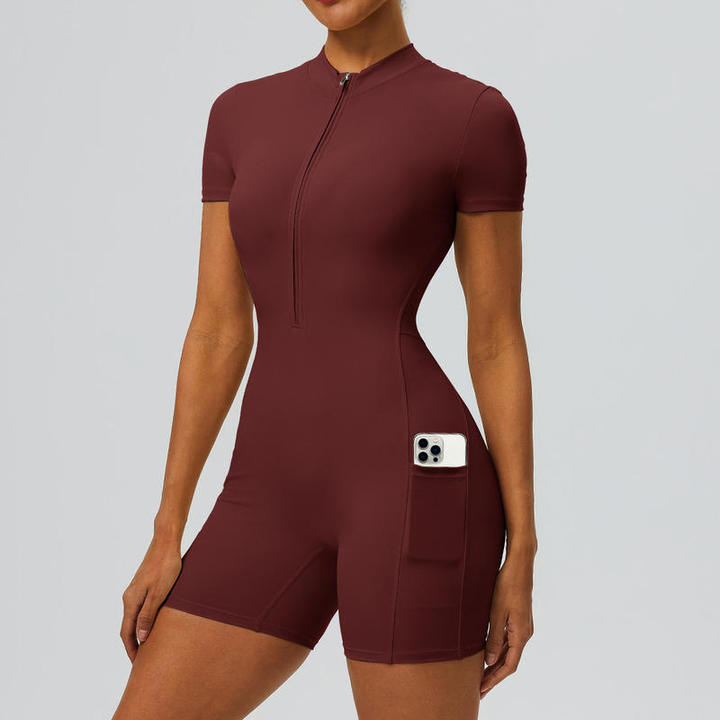 JY 2026 New Summer Yoga Jumpsuit for Women Half Zip Short Sleeve One Piece Workout Romper Side Pocket Stretchy Athletic Bodysuit