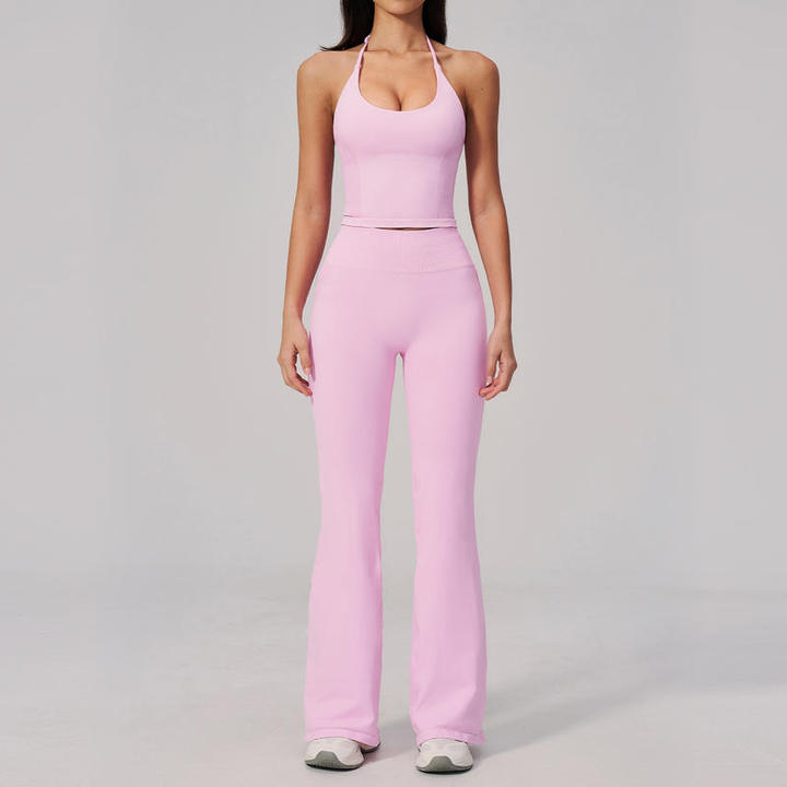 JY New Arrival Custom Logo Women's Seamless Ribbed Yoga Set Halter Backless High Waist Hip Lifting Wide Leg Pants Sport Outfit