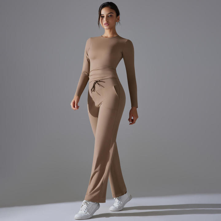 JY New Women's 2-Piece Active Set: Cloud-Fleece Sling Sports Top Long Sleeve Butt-Lifting Pants for Yoga, Gym for Daily Lounge