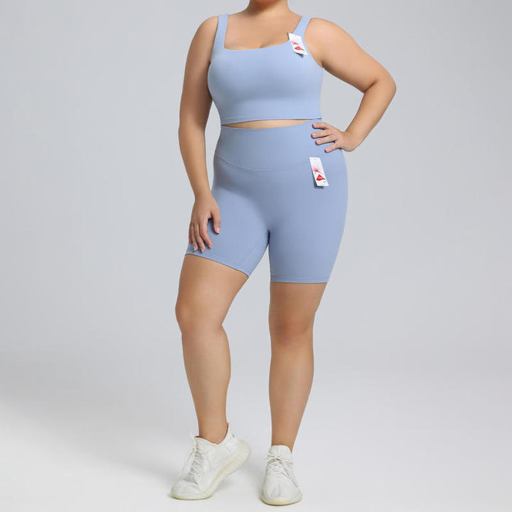 JY Women's Plus Size Sports Suit Square Neck Sports Bra High Waisted Yoga Shorts 2 Pieces Workout Outfits Active Gym Fitness Set